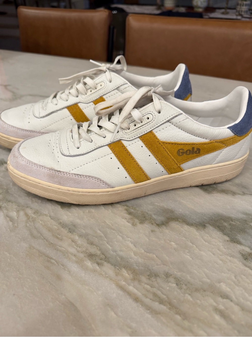 Gola Women’s Falcon White Sneakers with Mustard Suede Stripes and Blue Heel